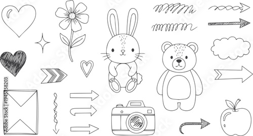 Set of cute pen line doodle element vector. Hand drawn doodle style collection of hearz rabbit, bear, camera, scribble, arrow, apple. Design for decoration, sticker, idol poster vector
