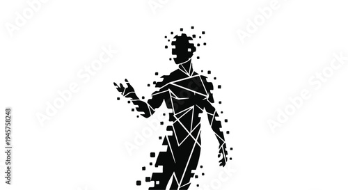 Digital Human Silhouette Dissolving into Abstract Geometric Pixels