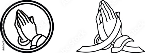 Praying hands with ribbon and circular frame, religious hope and spiritual faith vector line art icon set