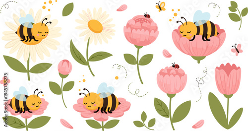 Cute Cartoon Bees Sleeping on Blooming Flowers with Leaves, Petals, Butterflies, and Ladybugs Peaceful Spring Garden Nature Vector Illustration Set