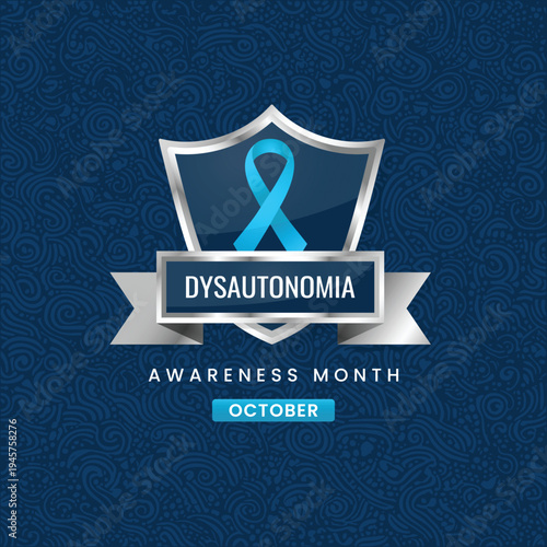 Professional awareness banner for Dysautonomia featuring a light blue ribbon and silver shield on a dark blue background. Perfect for autonomic health advocacy in October.