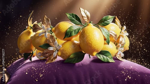 Vibrant yellow lemons with green leaves on a plush purple surface and golden light