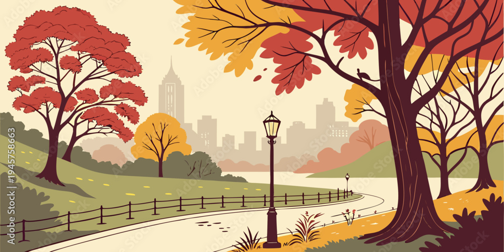 Naklejka premium Central Park Autumn Foliage Skyline Panorama – Peaceful Park Path Framed by Vibrant Fall Colors and Iconic Manhattan Views in a Serene New York City Landscape