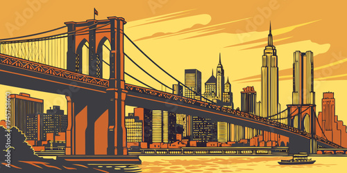 USA, US, U.S, United States - Brooklyn Bridge golden sunset skyline panorama travel art
