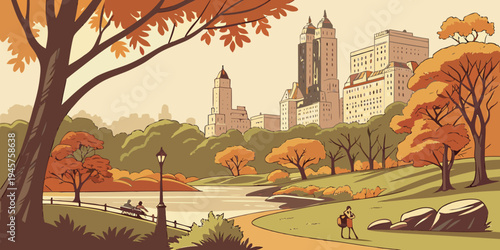 USA, US, U.S, United States - Central Park autumn foliage landscape with skyline background peaceful park panorama
