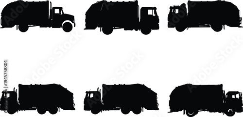 Various vector silhouettes of six garbage trucks, depicting different models of refuse collection vehicles, fundamental for effective urban waste management and maintaining city hygiene.