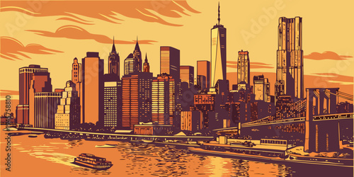 New York City Manhattan Skyline Glowing Sunset Panorama – Cinematic Travel‑Poster Scene with Radiant Skyscrapers, River Reflections, and Iconic Golden‑Hour Urban Energy