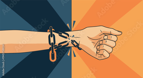 Breaking chains on human wrist, concept of freedom, liberation and overcoming obstacles illustration