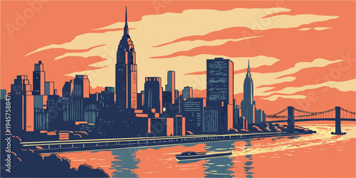 New York City Manhattan Skyline Sunset Panoramic Travel Poster – Glowing Skyscrapers, River Reflections, and Iconic Urban Silhouette in a Classic NYC Golden‑Hour Scene