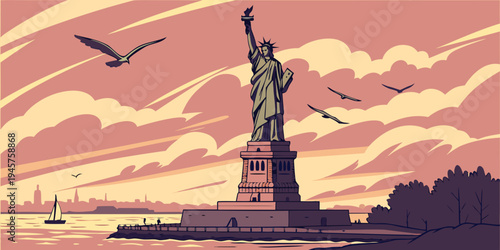 Statue of Liberty Harbor Sunrise Panorama – Dramatic Sky, Soaring Seagulls, and Iconic New York Landmark Framed by Warm Morning Light Over the Atlantic