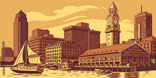 Boston Harbor Skyline at Golden Sunset – Panoramic Waterfront Cityscape with Historic Architecture, Warm Reflections, and Classic New England Coastal Charm