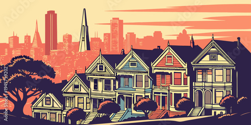 San Francisco Colorful Victorian Houses and Skyline at Sunset – Travel‑Poster Style Panorama of Iconic Painted Ladies, Golden‑Hour Cityscape, and Classic California Urban Beauty