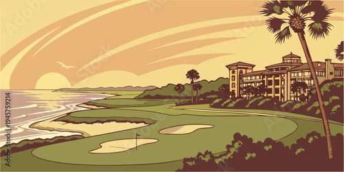 Hilton Head Island Luxury Beach and Golf Resort at Sunset – Scenic Atlantic Coast Panorama with Golden‑Hour Shoreline Views, Palm‑Lined Beaches, and Premium Lowcountry Island Beauty