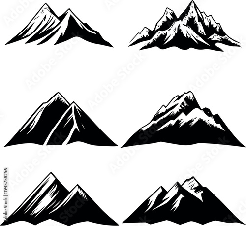 Set of 6 Hand Drawn Mountain Silhouettes Vector Art EPS Illustrator Elements for Logo Design and Icons
