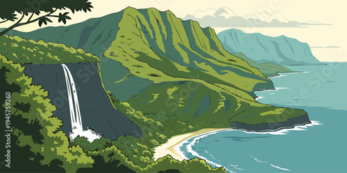 Kauai Lush Cliffs and Waterfall Coastline Panorama – Tropical Hawaiian Island Scenery with Dramatic Na Pali Views, Emerald Ridges, and Majestic Pacific Ocean Landscapes