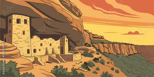 Mesa Verde National Park Ancient Cliff Dwellings at Sunset – Majestic Southwestern Panorama of Ancestral Pueblo Architecture, Golden‑Hour Canyon Views, and Historic Colorado Landscapes