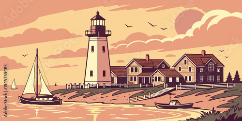 Nantucket Harbor Lighthouse at Sunset – Charming New England Coastal Panorama with Pastel Skies, Scenic Atlantic Waterfront Views, and Historic Maritime Island Beauty