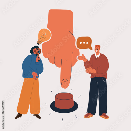 Cartoon vector illustration of a man and a woman standing next to a huge button being pressed by a finger, symbolizing activation, decision, or starting an action