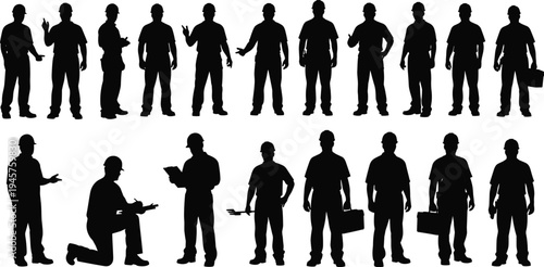Construction worker silhouettes collection, professional builders with helmets and tools in various poses, industrial labor workforce concept, engineering team vector illustration
