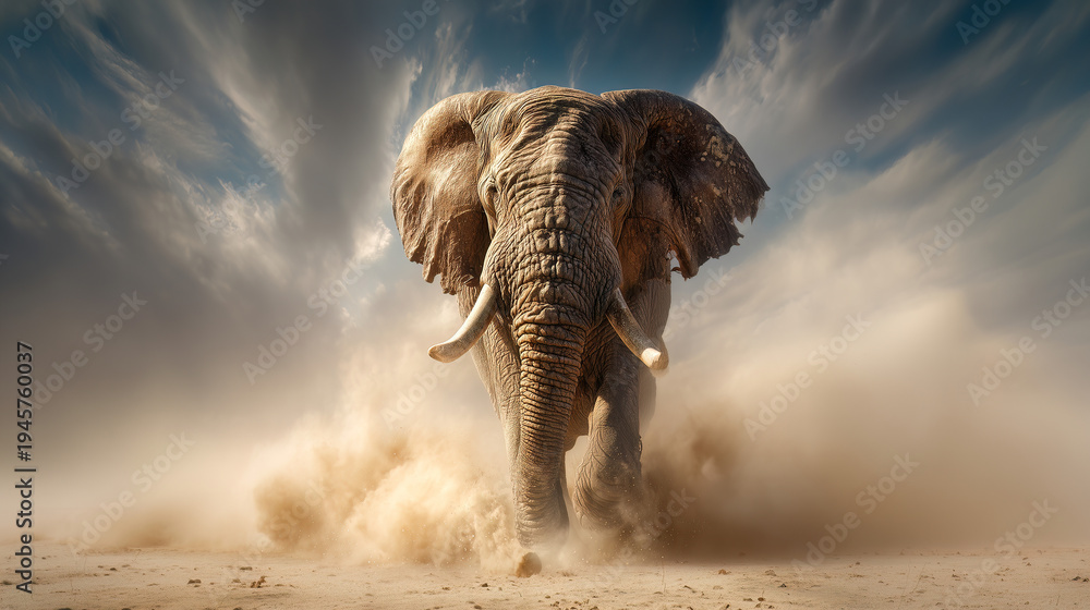 Fototapeta premium Massive African elephant charging forward through desert dust cloud with dramatic wide-angle perspective and dynamic blue sky backdrop