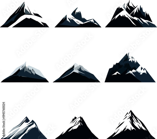 Mountain Peak Vector Icons Set, Minimalist Snowy Summit Illustrations for Outdoor Adventure Design