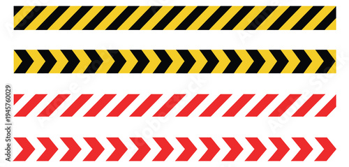 Caution warning tape vector set, diagonal striped seamless pattern in red, white, black, and yellow for barricade tape, construction safety, hazard alerts, and protective signage in vector design.