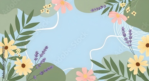 Abstract Pastel Floral Background with Organic Shapes and Spring Flowers