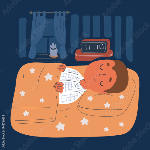 Cartoon vector illustration of a boy sleeping in bed, showing rest, relaxation, and peaceful sleep