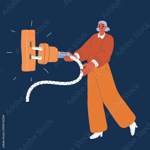 Cartoon vector illustration of a woman plugging a plug into an electrical socket, showing connection, electricity, or power usage