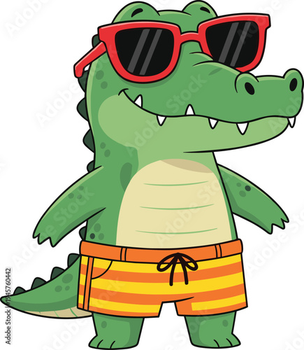Cute cartoon crocodile wearing sunglasses and beach shorts, funny summer alligator character vector illustration for kids, mascot and tropical design