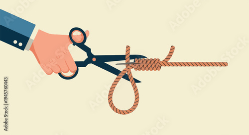 Hand Cutting a Noose Rope with Scissors, Concept of Suicide Prevention Mental Health Support and Saving Life
