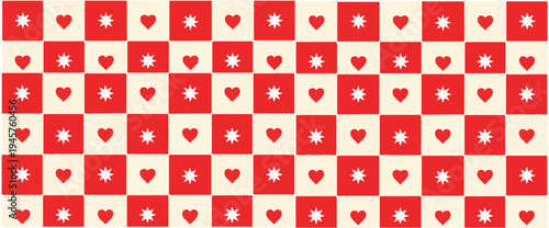 Red and cream checkered background with hearts and stars pattern with valentines day with flat design