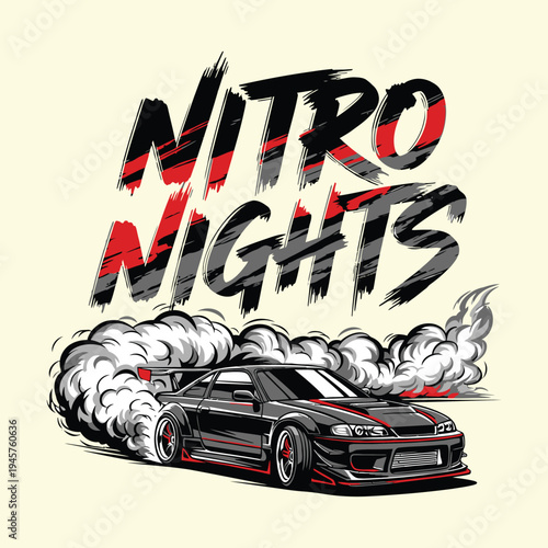 A black sports car drifts at night with smoke and nitro tshirt design