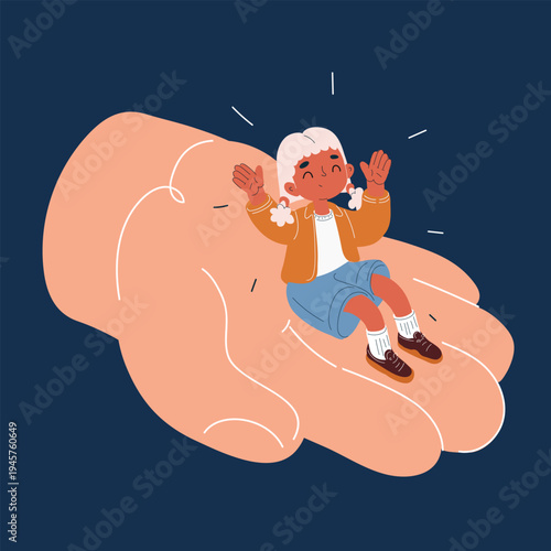 Cartoon vector illustration of a girl sitting on a giant hand, symbolizing protection, care, or a tiny magical character