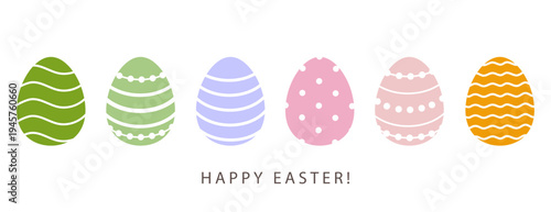 Easter eggs illustration set with pastel decorative patterns and Happy Easter text, spring holiday banner template for greeting card, social media, seasonal poster, packaging or web design vector
