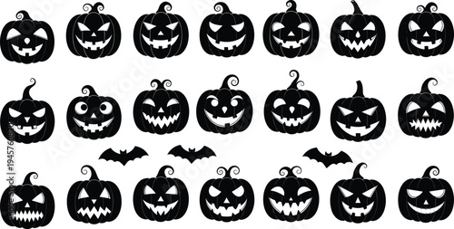 Halloween pumpkin silhouette collection with spooky jack o lantern faces and bats, scary holiday decoration vector illustration set
