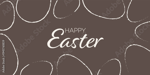 Happy Easter greeting card template, white egg outlines on brown background, Easter holiday banner or poster, spring Easter celebration typography, vector illustration.
