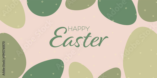 Happy Easter greeting card template, pastel egg shapes pattern on pink background, Easter holiday banner or poster, spring Easter celebration typography, vector illustration.