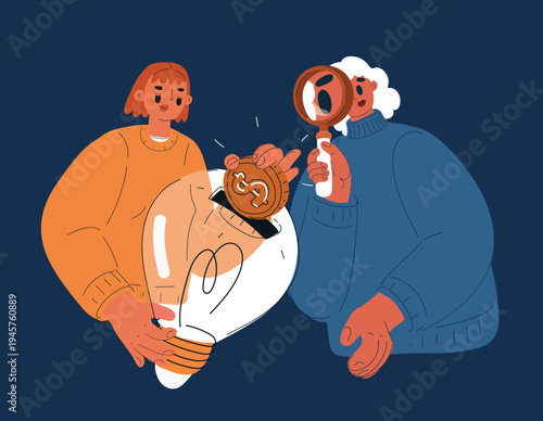 Cartoon vector illustration of a woman dropping a coin into a lightbulb like a piggy bank while another girl observes through a magnifying glass, symbolizing saving, curiosity, and creativity