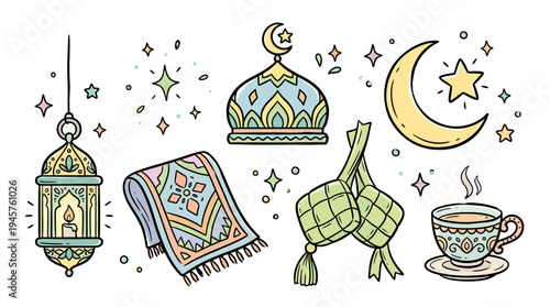 Whimsical Middle Eastern Night Sky Scene Featuring Lanterns Ramadan Decor and a Coffee Cup