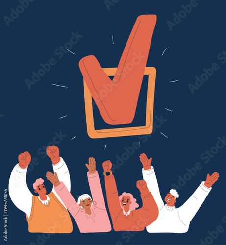 Cartoon vector illustration of people celebrating with raised hands next to checkboxes with checkmarks, symbolizing achievement, completion, and success
