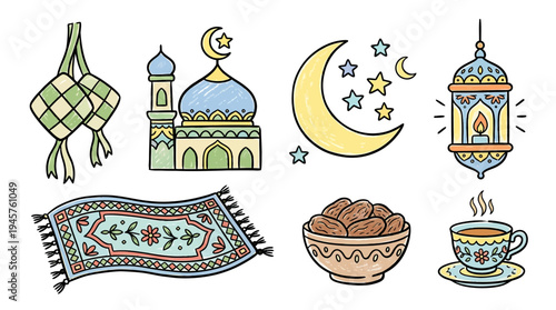 Decorative Ramadan Elements Featuring Traditional Lanterns Mosque Crescent and Prayer Mat Arrangement