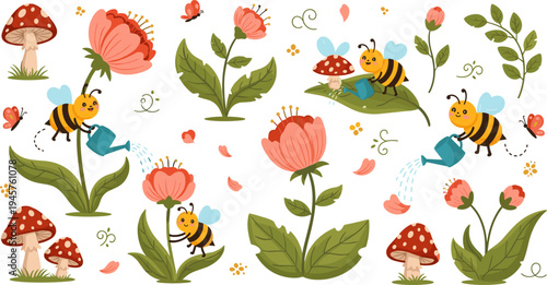 Cute Cartoon Bees Watering Pink Flowers with Watering Cans Surrounded by Leaves, Mushrooms, Butterflies, and Garden Nature Elements Vector Illustration Set
