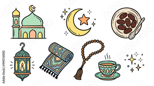 Islamic cultural symbols and decorative objects collection featuring crescent moon minarets and prayer beads