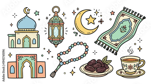 Whimsical Islamic motifs and spiritual symbols in colorful hand-drawn illustration