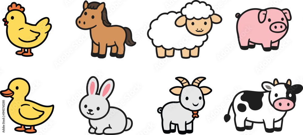 Fototapeta premium A cute cartoon collection of happy farm animal characters including a cow, pig, sheep, and horse in a funny vector illustration set of domestic mammals