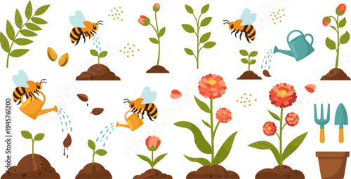Cute Cartoon Bees Watering Flowers and Growing Plants from Seeds with Garden Tools, Soil, Leaves, and Blossoms Spring Gardening Vector Illustration Set