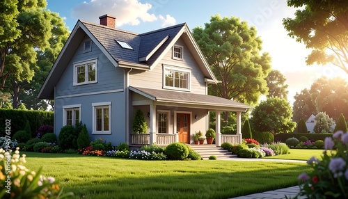 Charming Two-Story House with Lush Green Lawn and Garden.