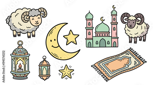 Whimsical night scene featuring adorable sheep, mystical moon and stars, colorful mosque, lanterns, and an elegant prayer rug