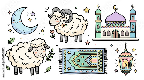 Whimsical Night Scene Featuring Cartoon Sheep and Islamic Architecture Elements in a Magical Starry Sky